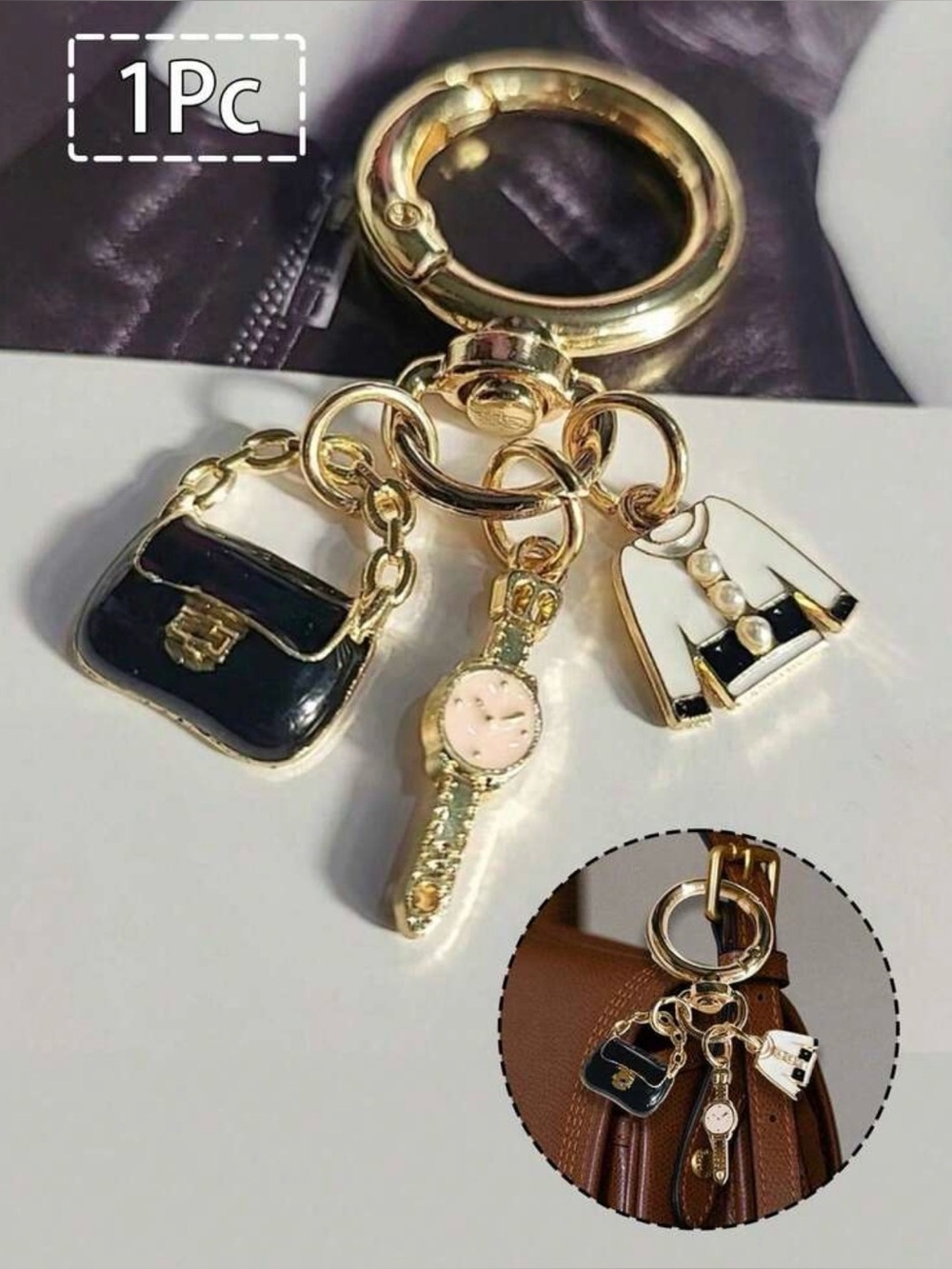 Gold Fashion Charm Keychain with Black Purse, White Jacket & Pink Watch